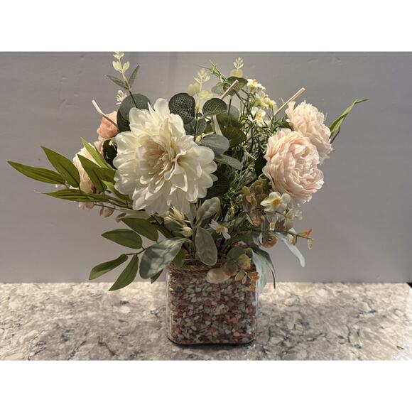 Spring Silk Floral Arrangement Clear Glass Vase Shell Chips Beach Decor - Picture 7 of 9